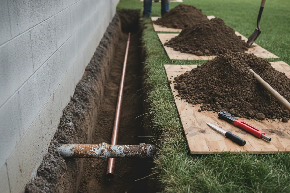 Excavated water line trench during Water Heater Repair in Saratoga Springs
